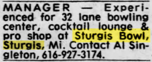 Sturgis Bowl (Sturgis Lanes) - Jan 1981 Ad (newer photo)